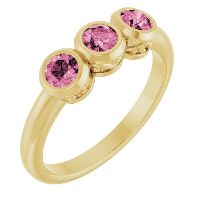 14K Yellow Natural Pink Tourmaline Three-Stone Ring